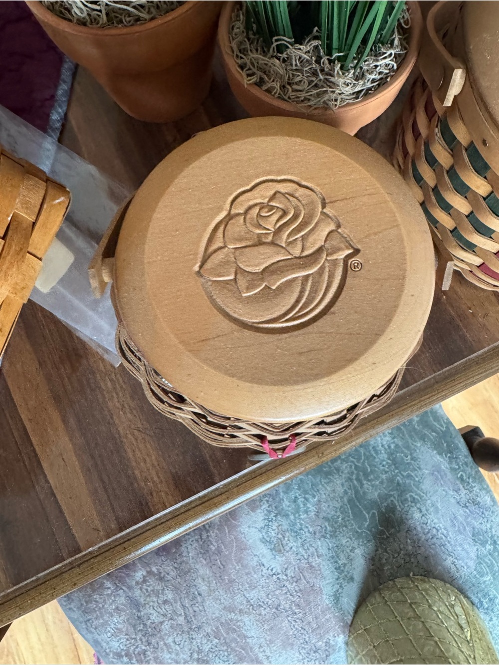 Longaberger Brown Woven Basket with Rose-Embossed Wooden Lid